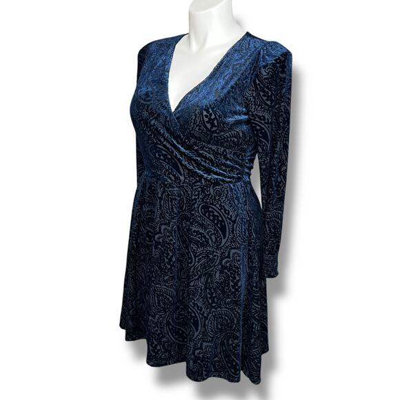 Tommy Hilfiger Womens Velvet Burnout Faux Wrap High Waist Above Knee Blue Sz 12 - Picture 9 of 14